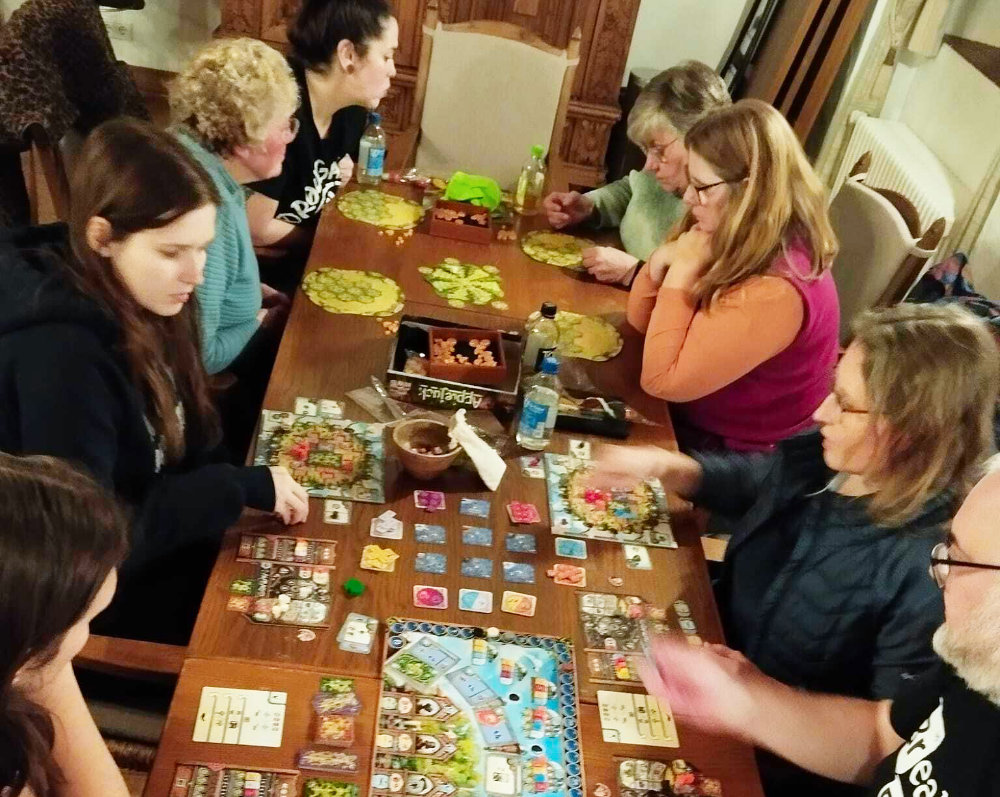 8 Spieler*innen sitzen an einem Tisch aus Holz und spielen Applejack und Planta Nubo
